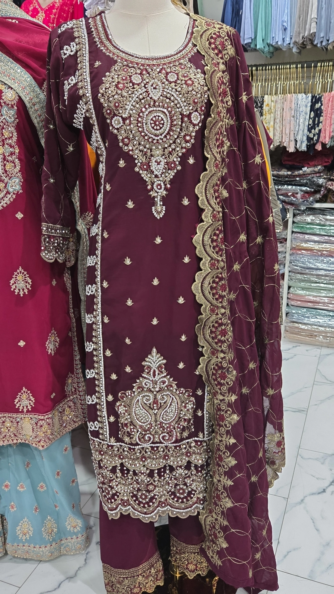 Stonework Party Wear in Maroon