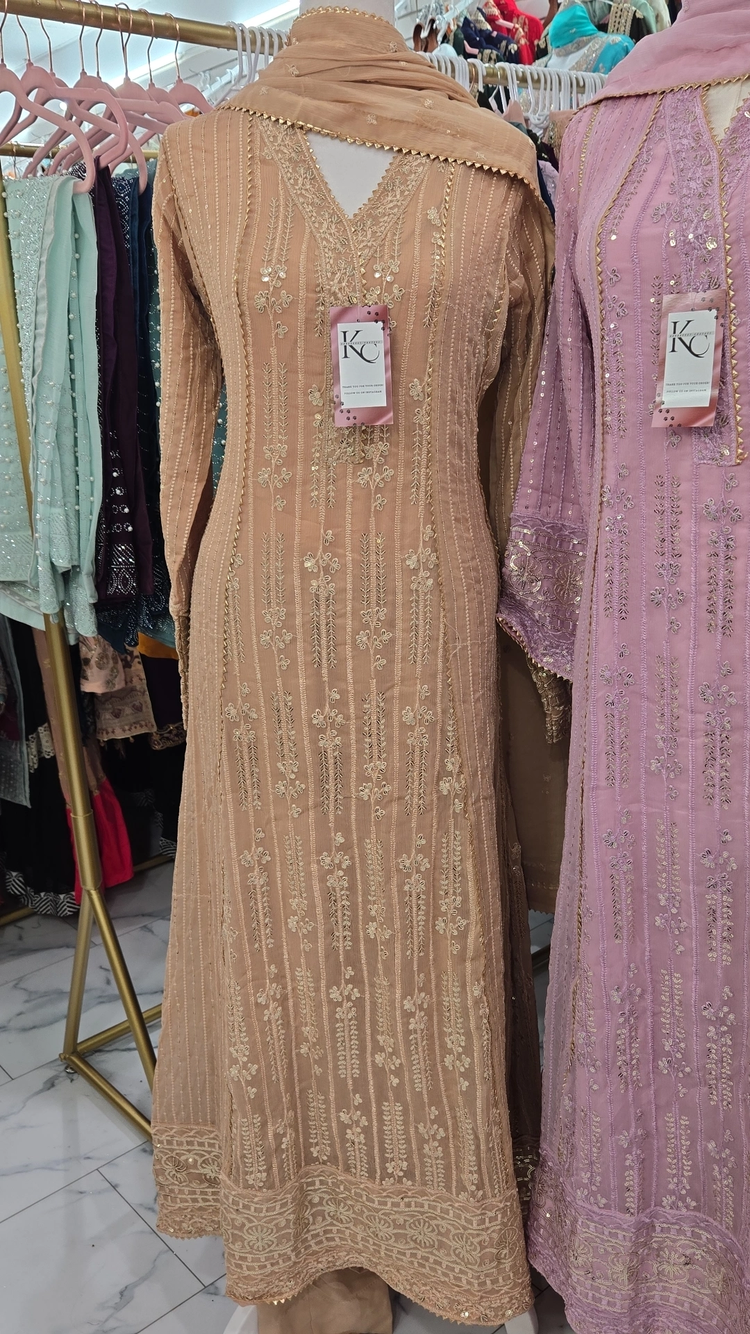 Peach Golden Anarkali Gown