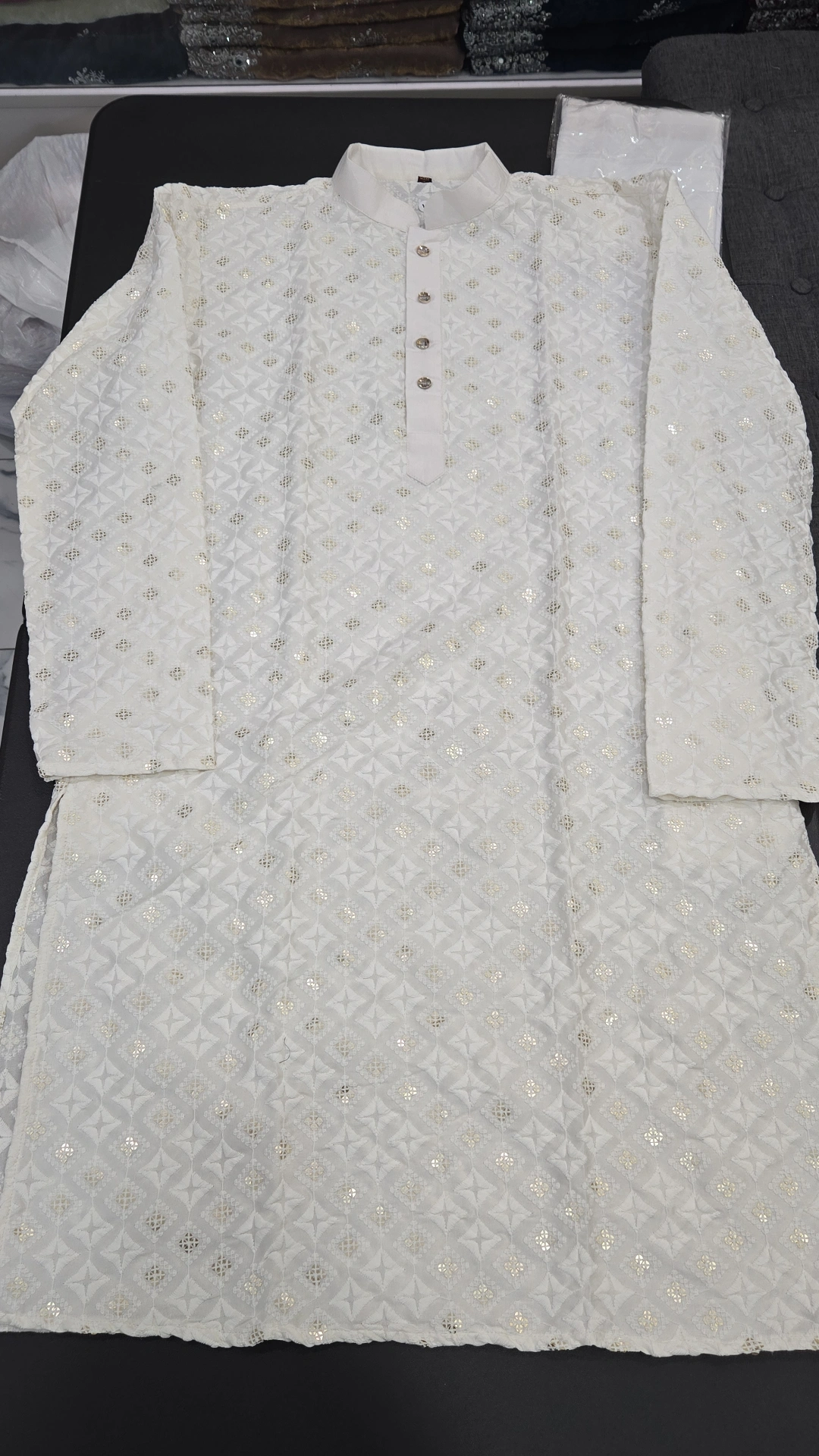 White Mens Chikankari Panjabi Set