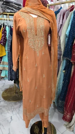 Coral Orange Linen Kameez 3pc KC126