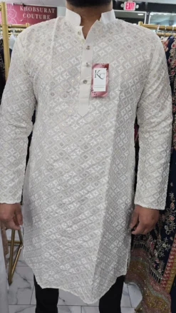 White Mens Chikankari Panjabi Set KC404