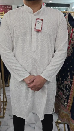 Mens White Chikankari Panjabi KC418