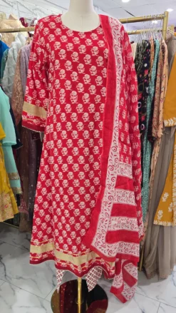 Red Cotton Gown Dress 3PC KC446