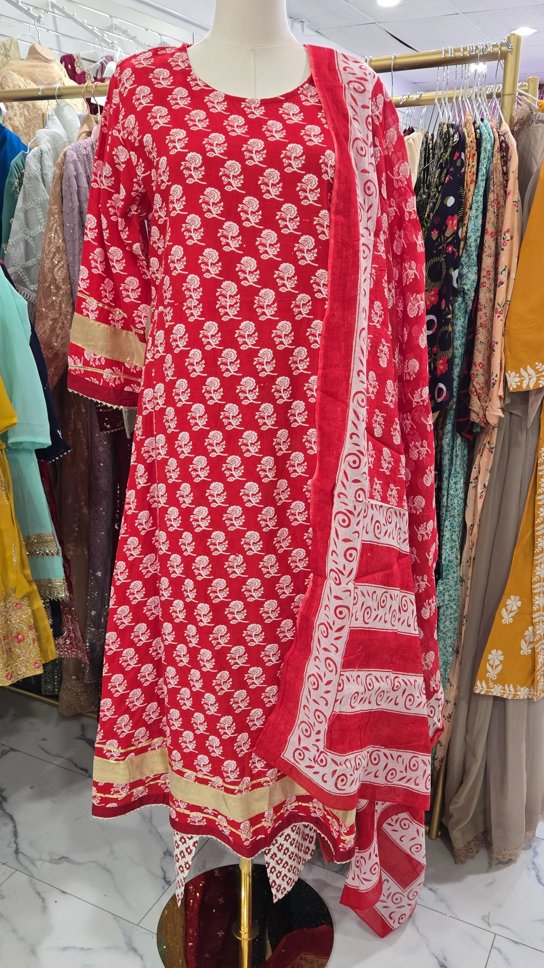 Red Cotton Gown Dress 3PC KC446